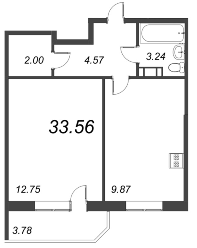 1-комнатная квартира, 33.57 м² - планировка, фото №1