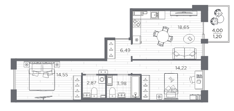 3-комнатная (Евро) квартира, 61.96 м² в ЖК "Сезоны" - планировка, фото №1