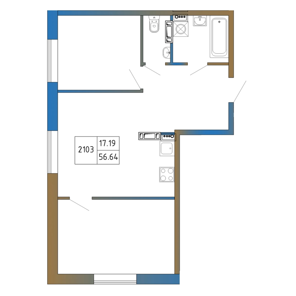 3-комнатная (Евро) квартира, 56.64 м² в ЖК "Атмосфера Выборга" - планировка, фото №1