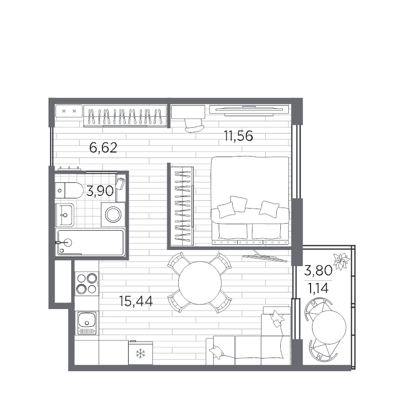 2-комнатная (Евро) квартира, 38.96 м² в ЖК "PLUS Пулковский" - планировка, фото №1