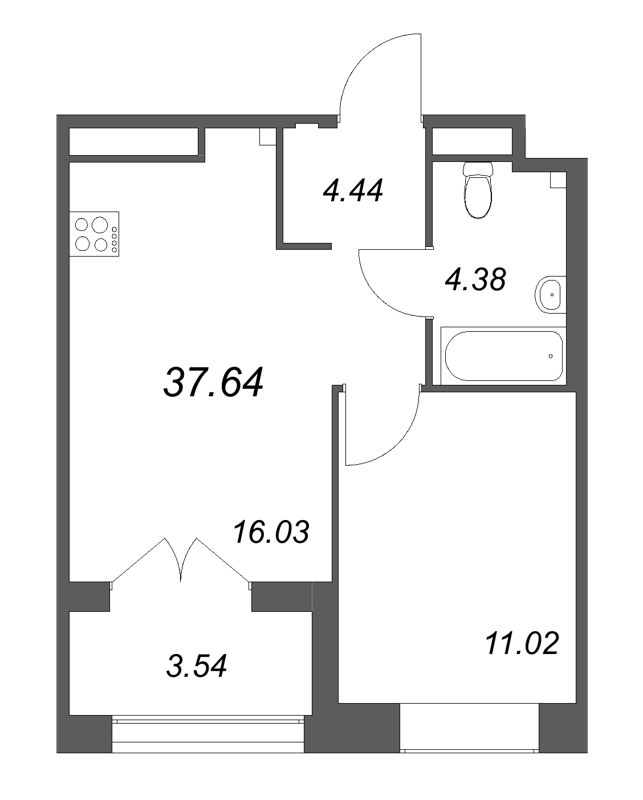 2-комнатная (Евро) квартира, 37.64 м² - планировка, фото №1