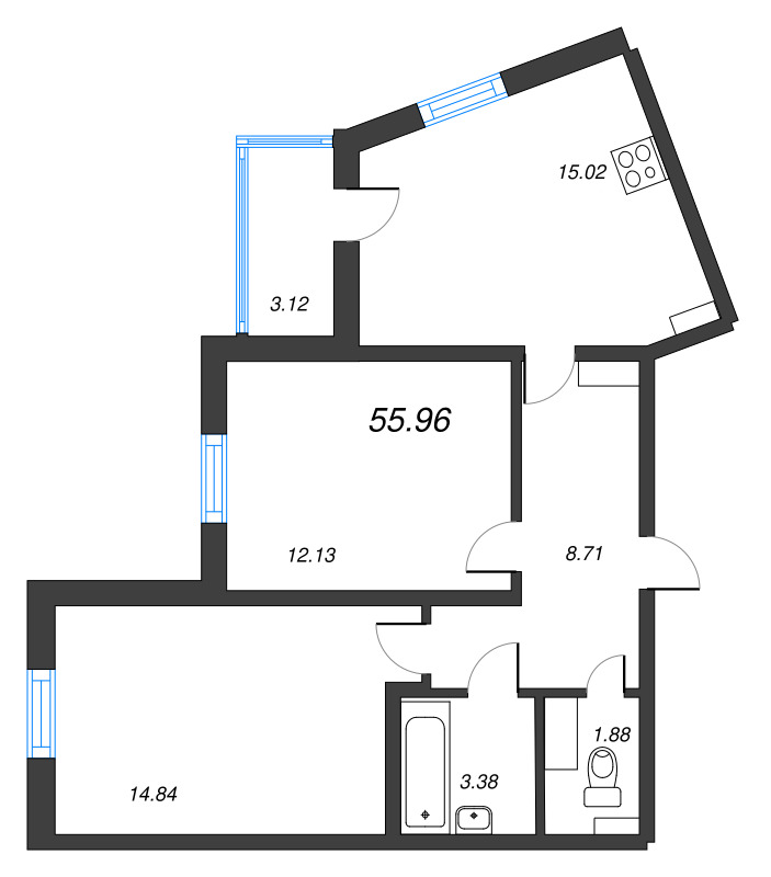 3-комнатная (Евро) квартира, 55.96 м² в ЖК "ПАТИО. Уютный квартал" - планировка, фото №1