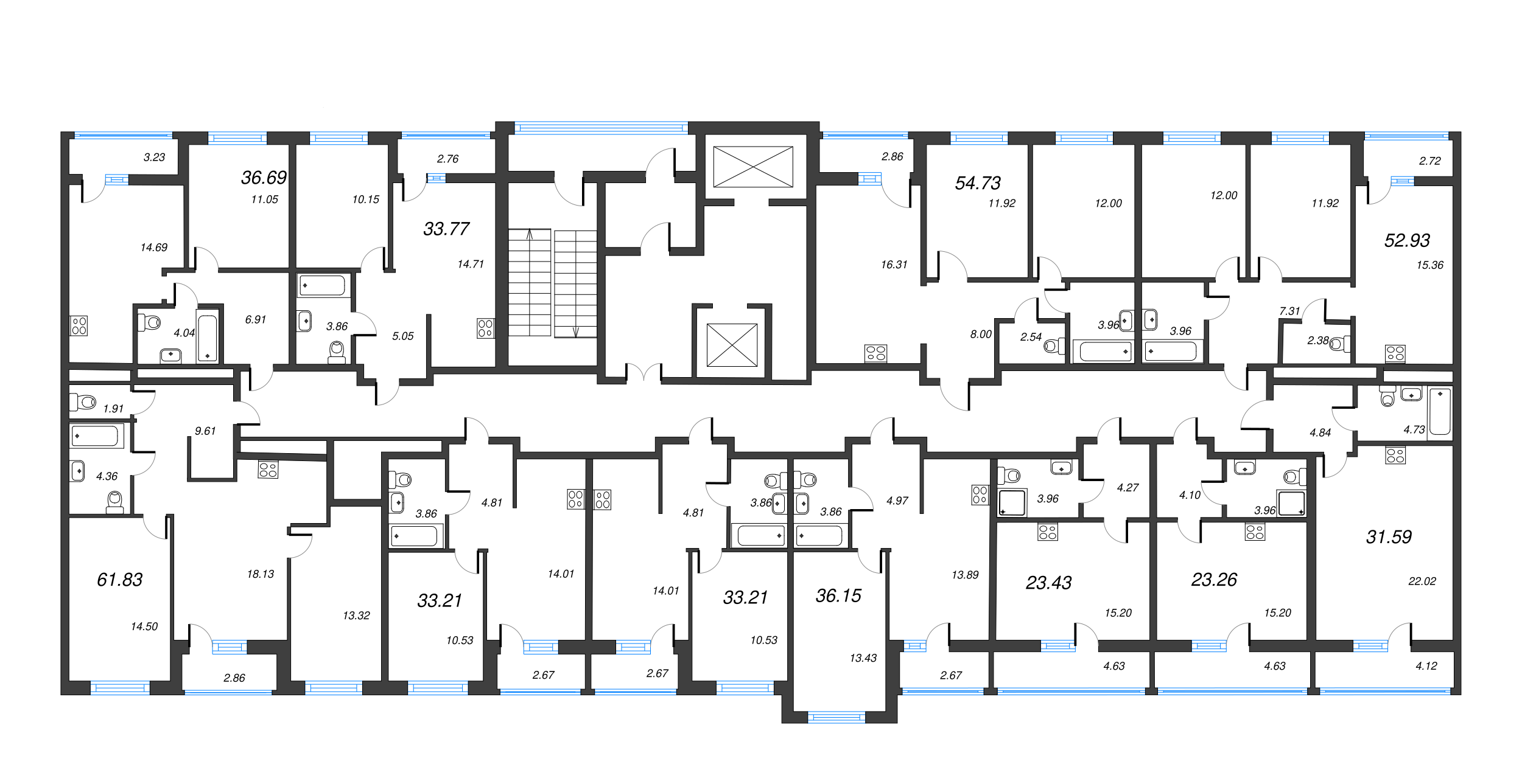 3-комнатная (Евро) квартира, 49.48 м² - планировка этажа