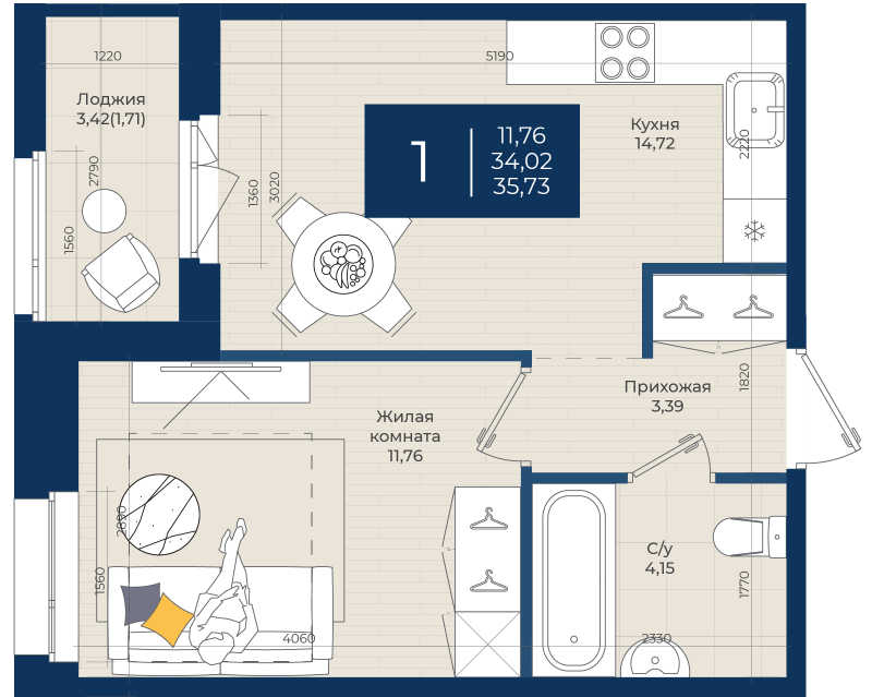 2-комнатная (Евро) квартира, 35.73 м² в ЖК "Новатория" - планировка, фото №1