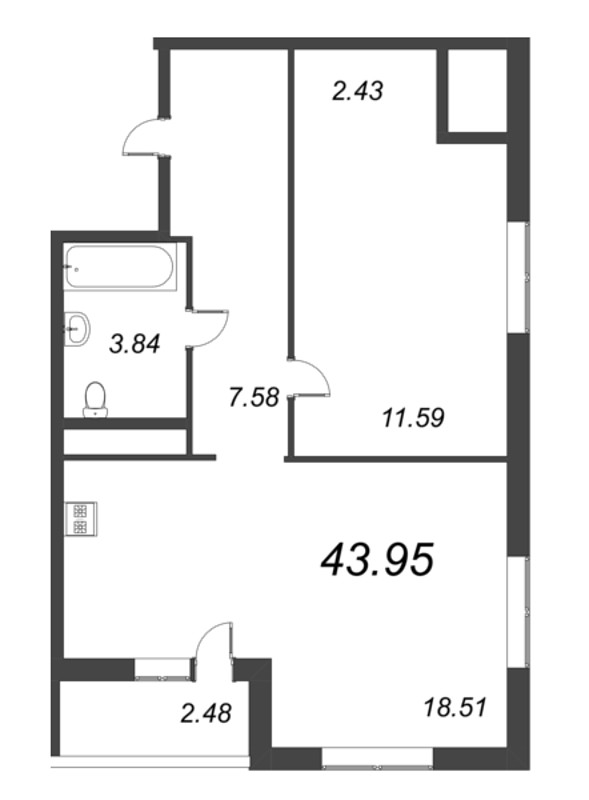 2-комнатная (Евро) квартира, 43.95 м² - планировка, фото №1