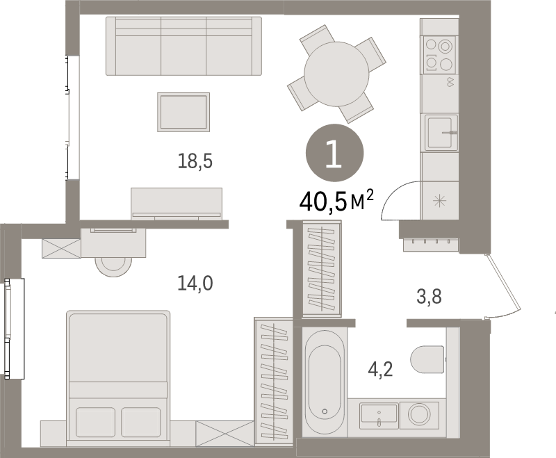 2-комнатная (Евро) квартира, 40.5 м² в ЖК "Брусника в Новоселье" - планировка, фото №1