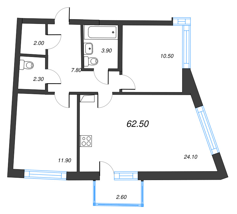 3-комнатная (Евро) квартира, 62.5 м² в ЖК "Цвет Зеленогорска" - планировка, фото №1
