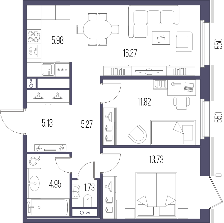 3-комнатная (Евро) квартира, 64.88 м² в ЖК "Большой Сампсониевский, 32" - планировка, фото №1