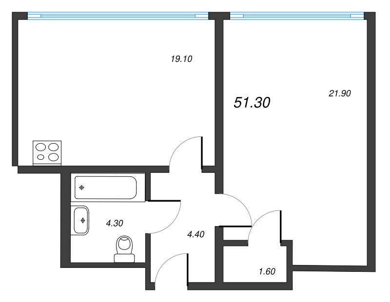 1-комнатная квартира, 49.9 м² - планировка, фото №1