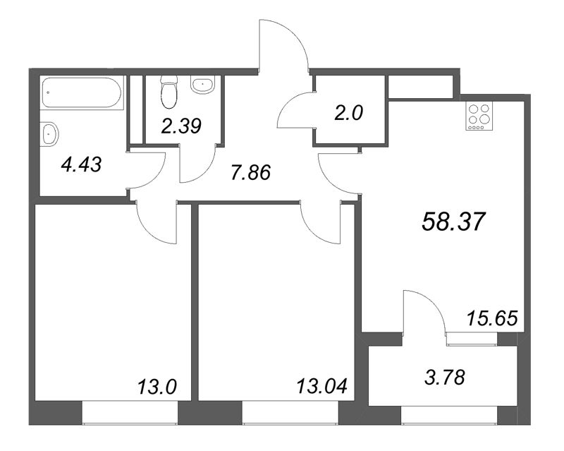 3-комнатная (Евро) квартира, 58.37 м² в ЖК "Дом на Курской" - планировка, фото №1