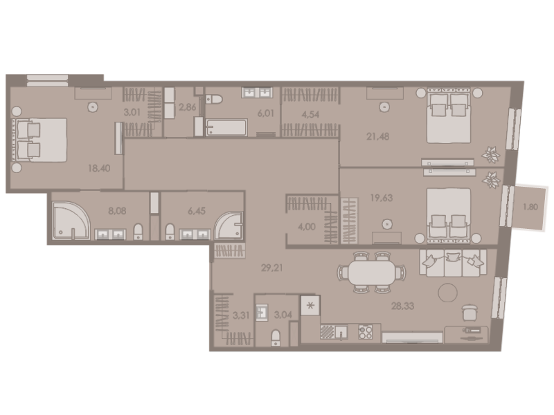 4-комнатная (Евро) квартира, 158.7 м² - планировка, фото №1