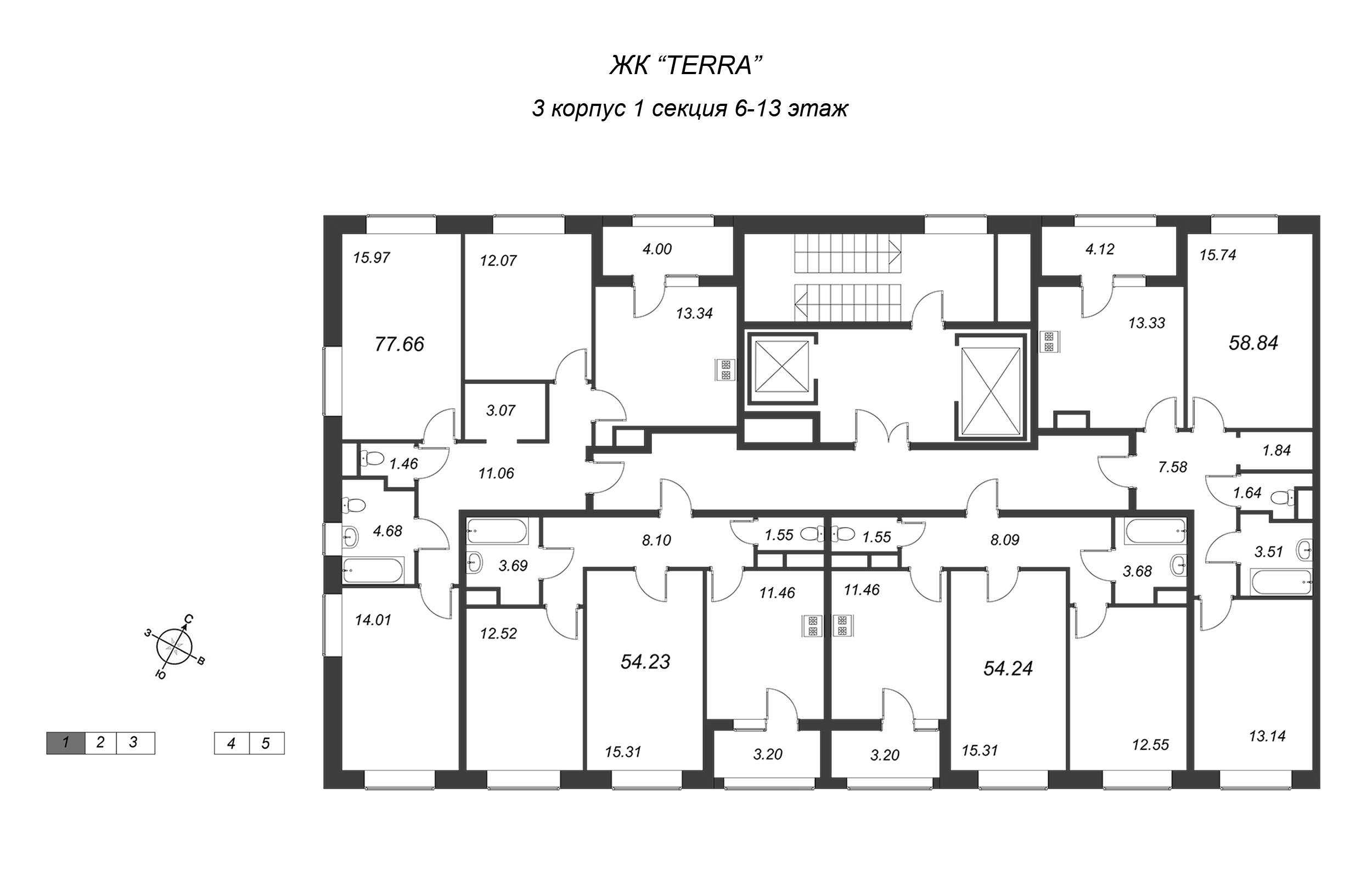 3-комнатная квартира, 77.6 м² в ЖК "Terra" - планировка этажа