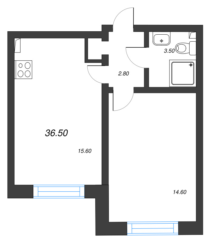 2-комнатная (Евро) квартира, 36.5 м² - планировка, фото №1