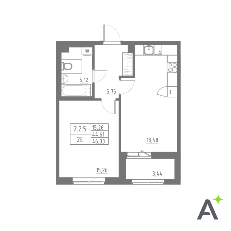 2-комнатная (Евро) квартира, 46.78 м² в ЖК "Аквилон Solar" - планировка, фото №1