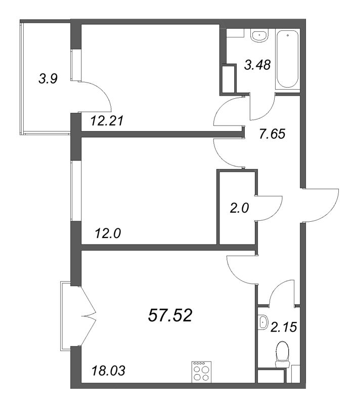 3-комнатная (Евро) квартира, 57.52 м² - планировка, фото №1