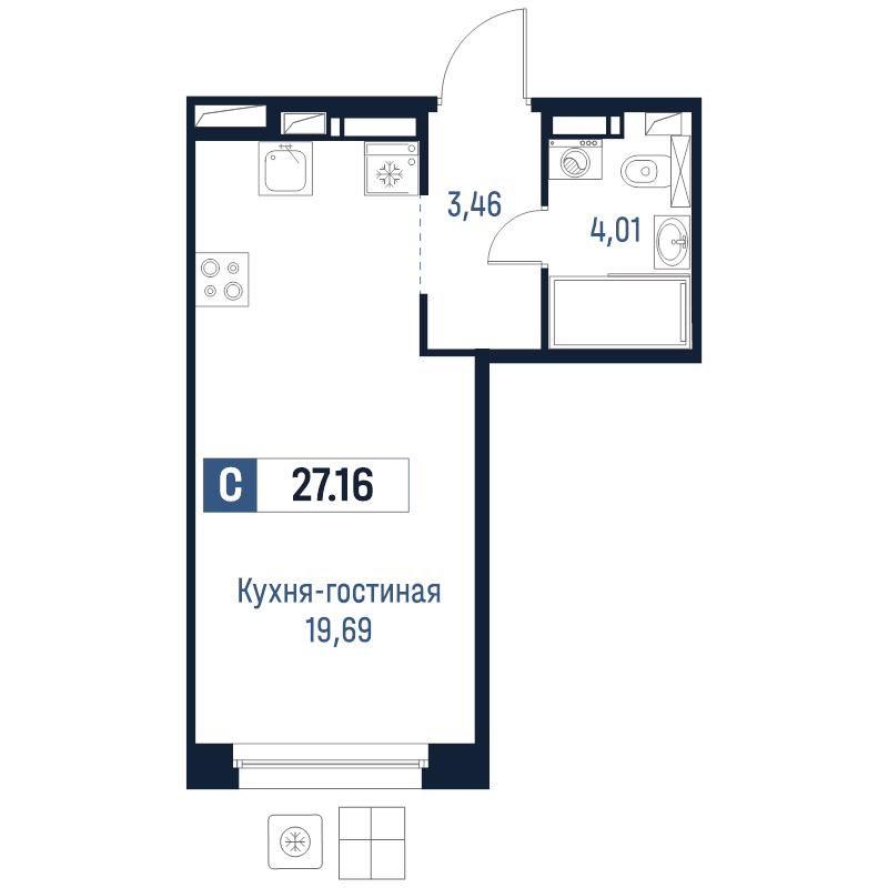 Квартира-студия, 27.16 м² в ЖК "Максималист" - планировка, фото №1