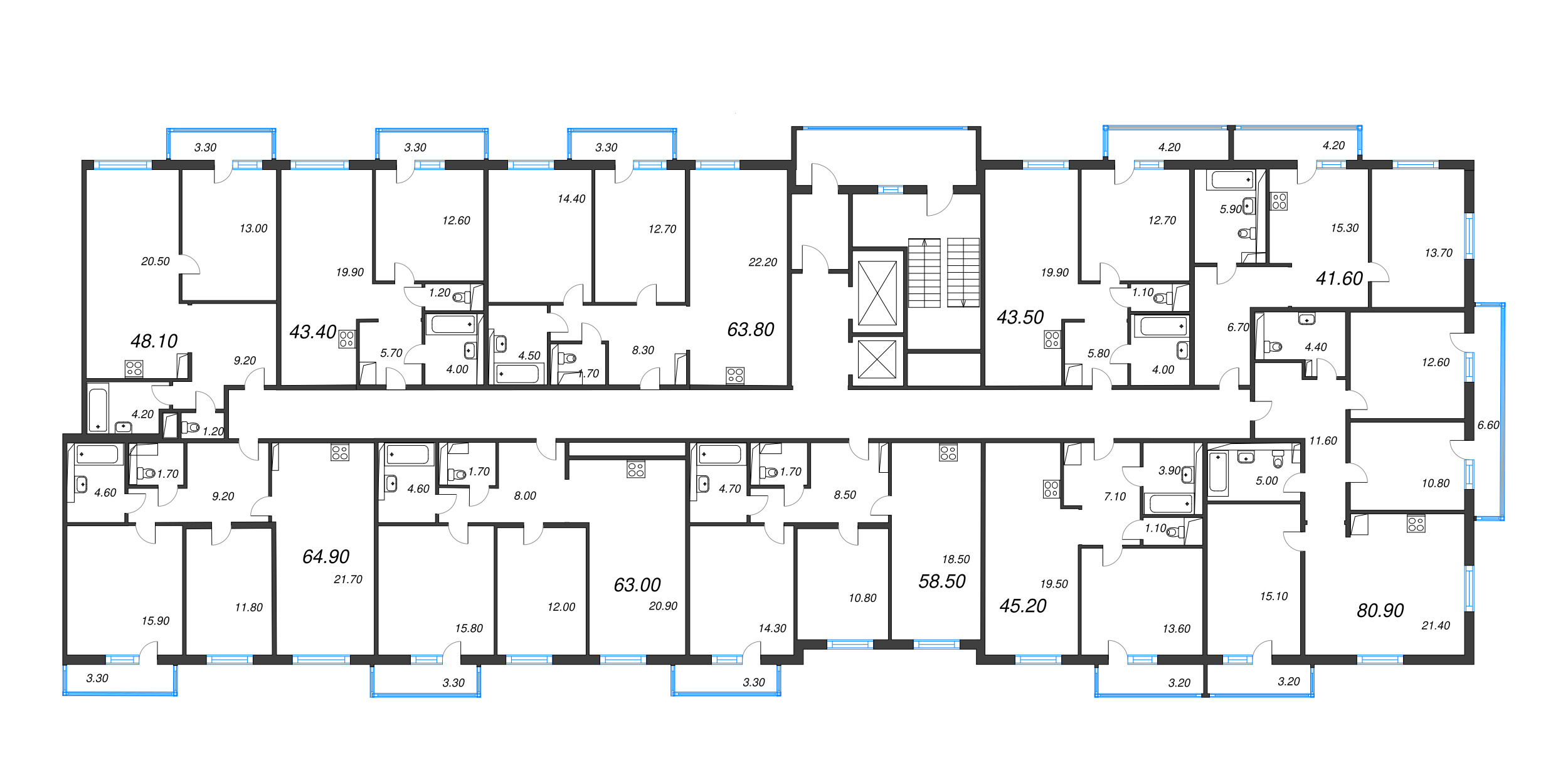 2-комнатная (Евро) квартира, 45.2 м² в ЖК "Руднева 15" - планировка этажа
