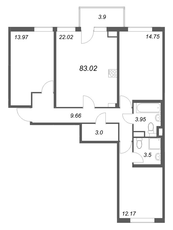 4-комнатная (Евро) квартира, 83.02 м² в ЖК "Любоград" - планировка, фото №1