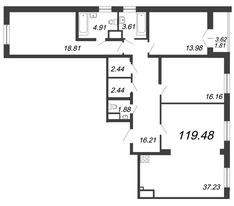 4-комнатная (Евро) квартира, 119.48 м² - планировка, фото №1