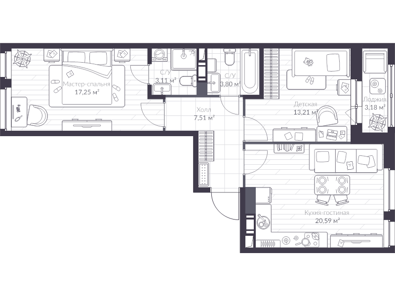 3-комнатная (Евро) квартира, 67.5 м² в ЖК "VEREN NEXT шуваловский" - планировка, фото №1