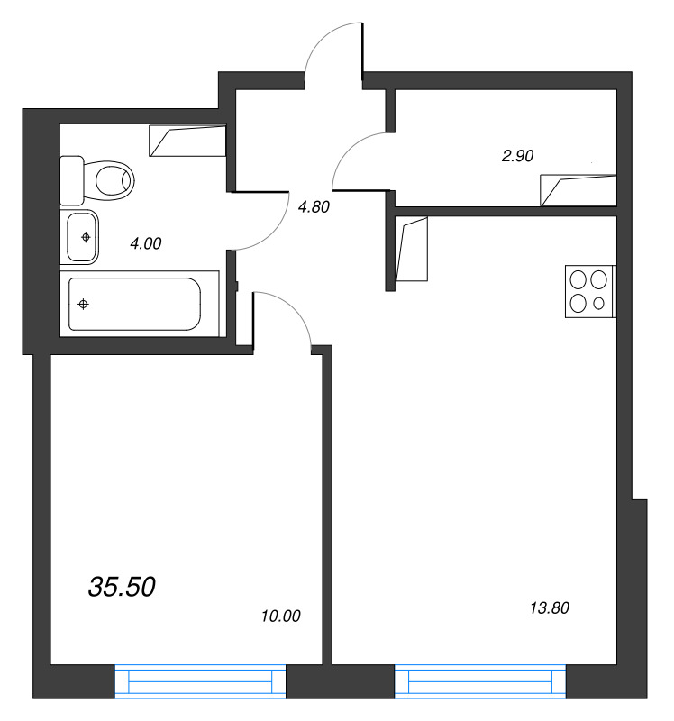 1-комнатная квартира, 35.5 м² в ЖК "Струны" - планировка, фото №1