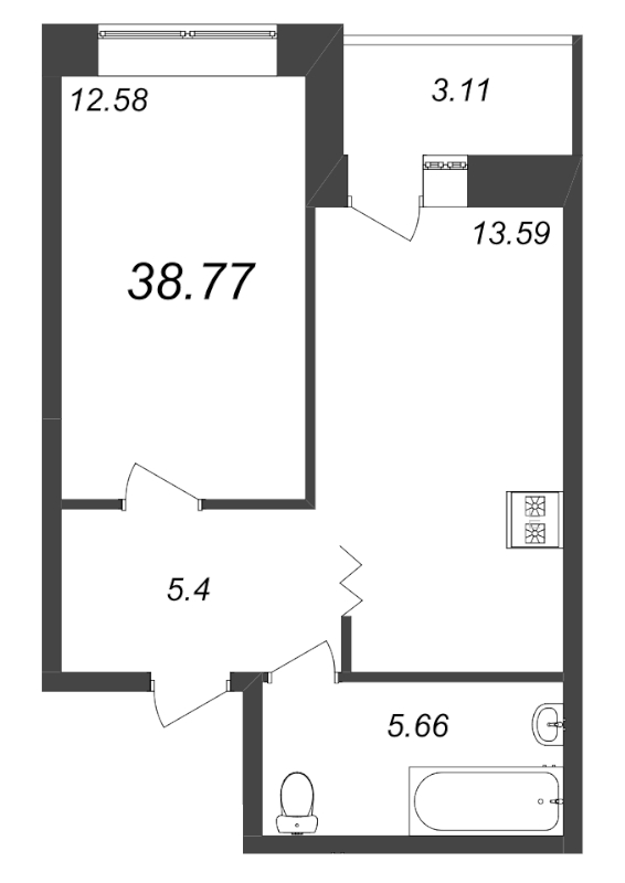 1-комнатная квартира, 38.7 м² в ЖК "Уютный" - планировка, фото №1