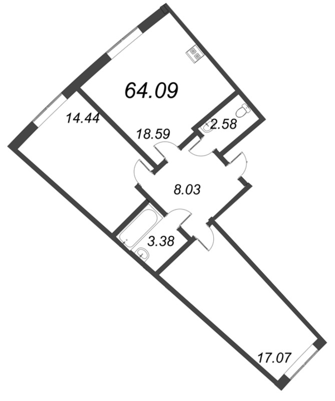 3-комнатная (Евро) квартира, 64.09 м² в ЖК "Морская набережная. SeaView" - планировка, фото №1