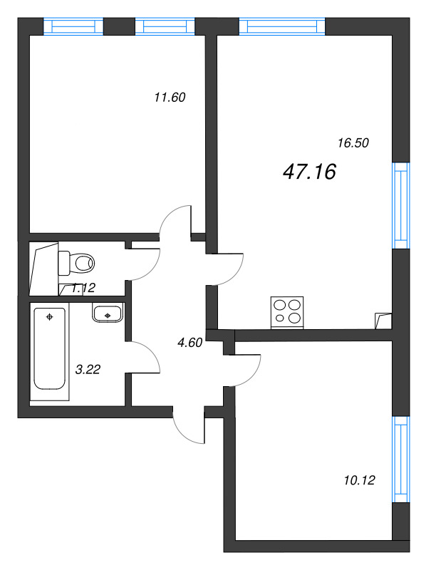 3-комнатная (Евро) квартира, 47.16 м² в ЖК "Морская миля" - планировка, фото №1