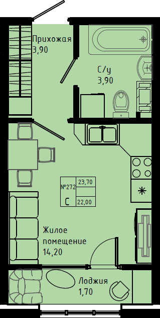 Квартира-студия, 23.7 м² в ЖК "Pixel" - планировка, фото №1