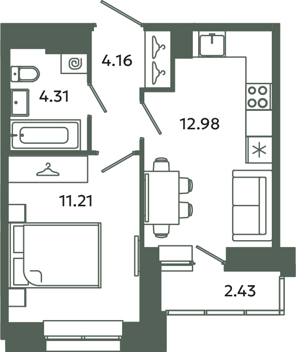 1-комнатная квартира, 33.88 м² в ЖК "Загляденье" - планировка, фото №1