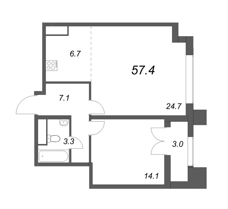 2-комнатная (Евро) квартира, 57.4 м² - планировка, фото №1