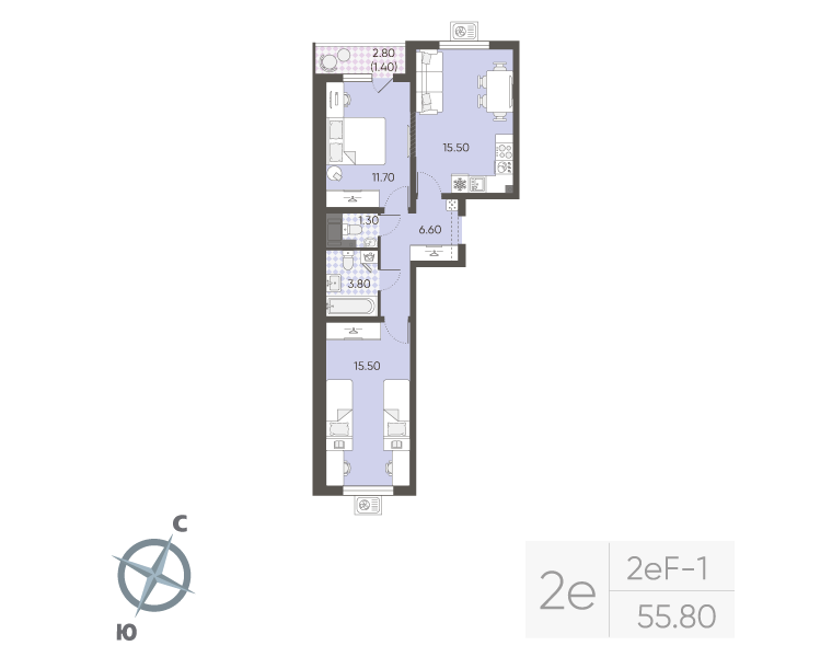 3-комнатная (Евро) квартира, 55.8 м² в ЖК "Ручьи" - планировка, фото №1