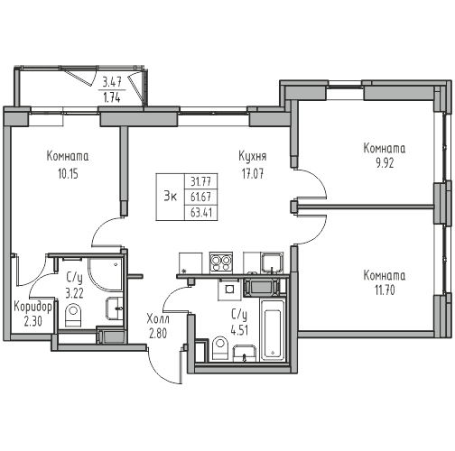 4-комнатная (Евро) квартира, 63.41 м² в ЖК "Юнтолово" - планировка, фото №1