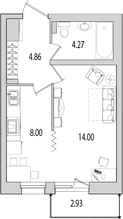 1-комнатная квартира, 33.9 м² - планировка, фото №1