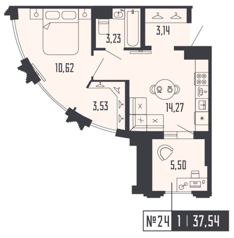 1-комнатная квартира, 37.54 м² в ЖК "Shepilevskiy" - планировка, фото №1