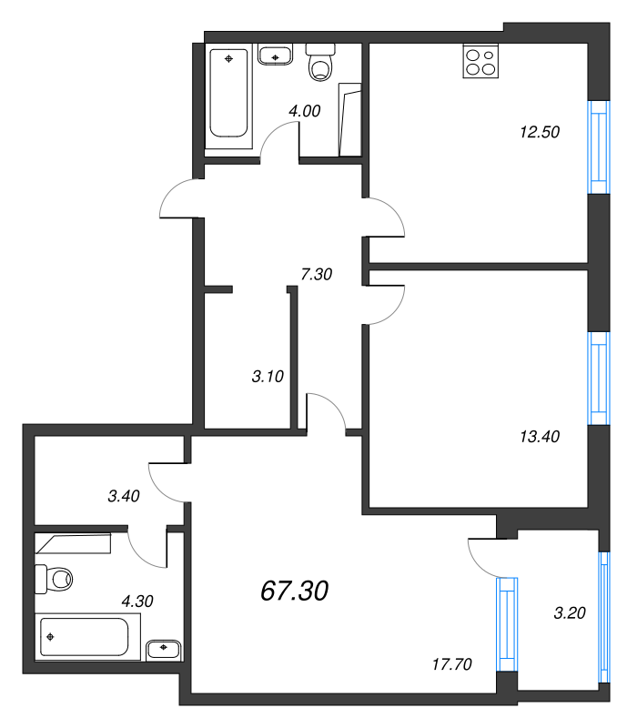 2-комнатная квартира, 67.3 м² в ЖК "Тайм Сквер" - планировка, фото №1