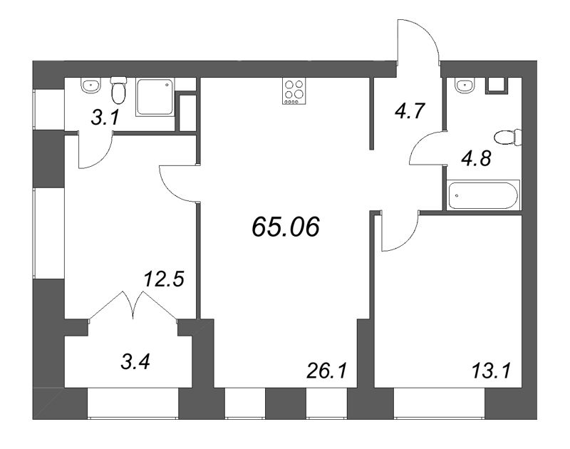 3-комнатная (Евро) квартира, 66 м² в ЖК "Наука" - планировка, фото №1