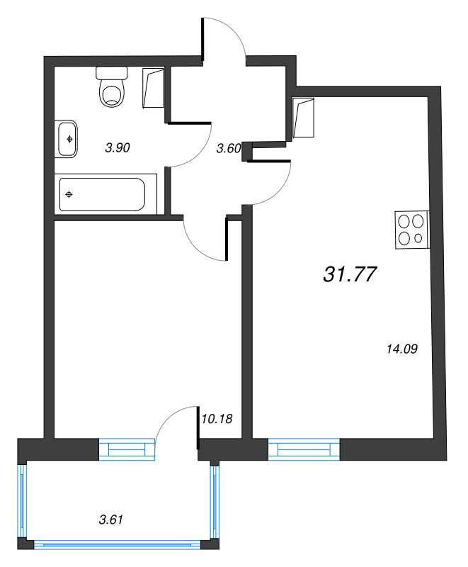 1-комнатная квартира, 31.77 м² - планировка, фото №1
