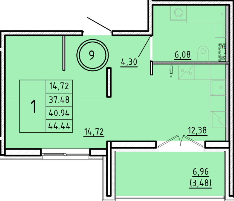1-комнатная квартира, 37.48 м² в ЖК "Образцовый квартал 16" - планировка, фото №1