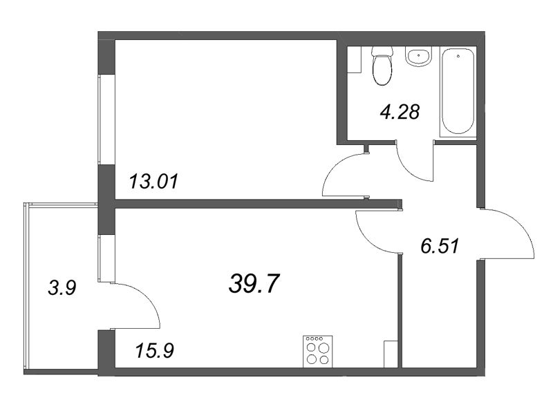 2-комнатная (Евро) квартира, 39.7 м² в ЖК "Любоград" - планировка, фото №1