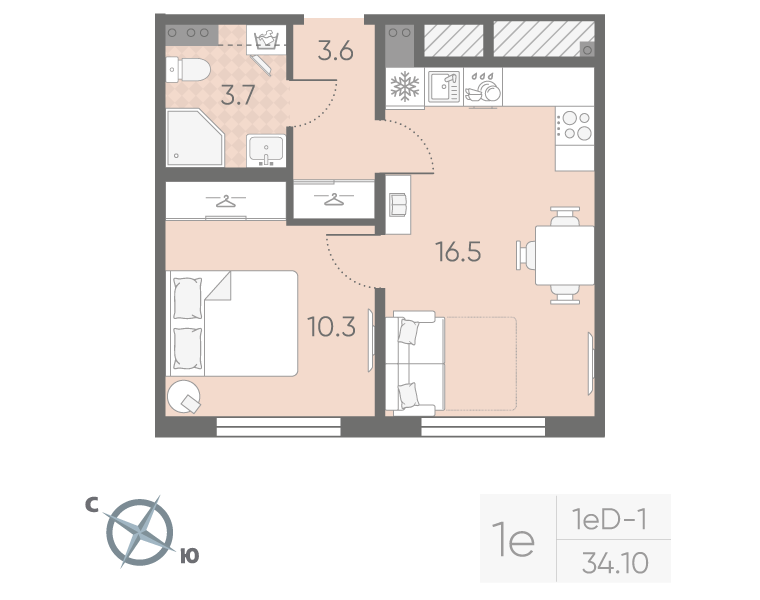 2-комнатная (Евро) квартира, 34.1 м² в ЖК "Пулково Lake" - планировка, фото №1