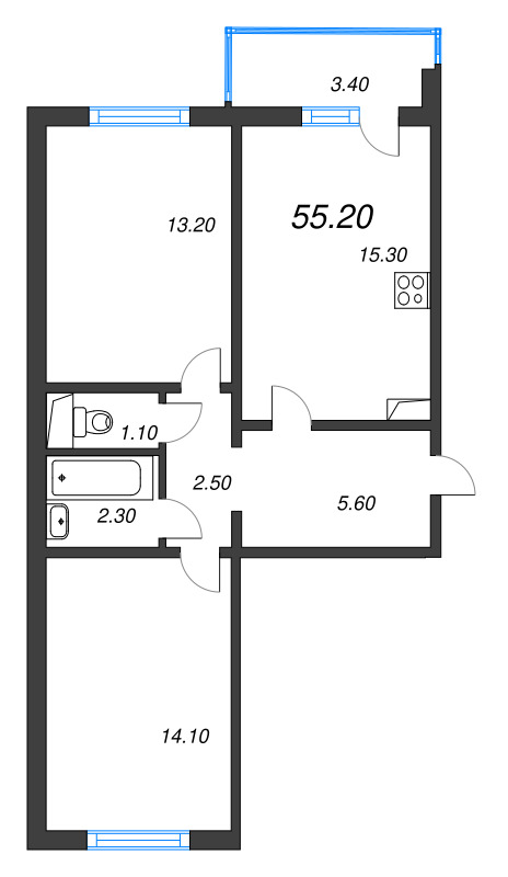 3-комнатная (Евро) квартира, 55.2 м² в ЖК "Цветной город" - планировка, фото №1