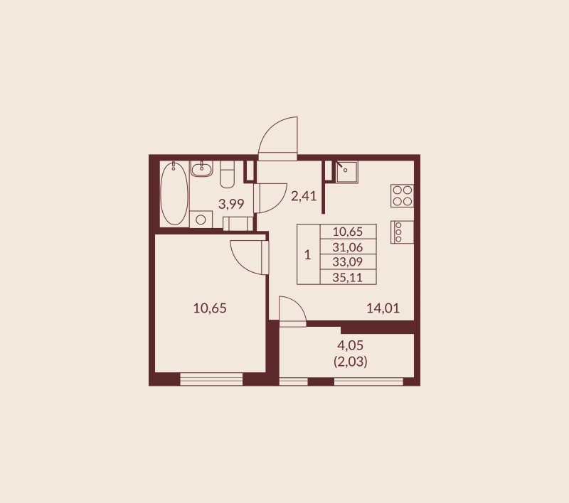 1-комнатная квартира, 33.09 м² в ЖК "Амурино" - планировка, фото №1