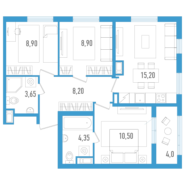 3-комнатная квартира, 61.7 м² - планировка, фото №1