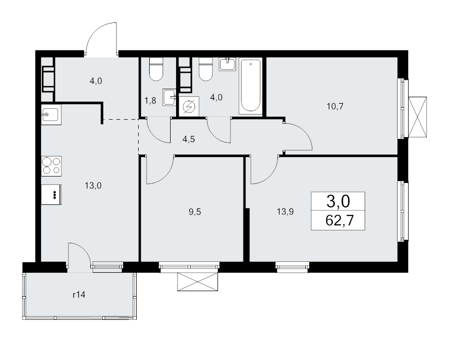 3-комнатная квартира, 62.7 м² - планировка, фото №1