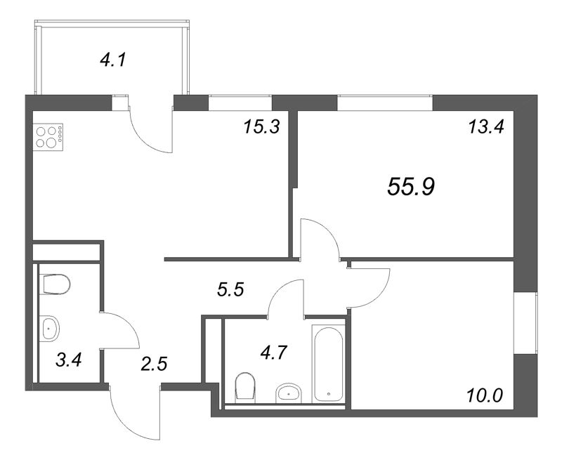 3-комнатная (Евро) квартира, 55.9 м² в ЖК "Янила Форест" - планировка, фото №1