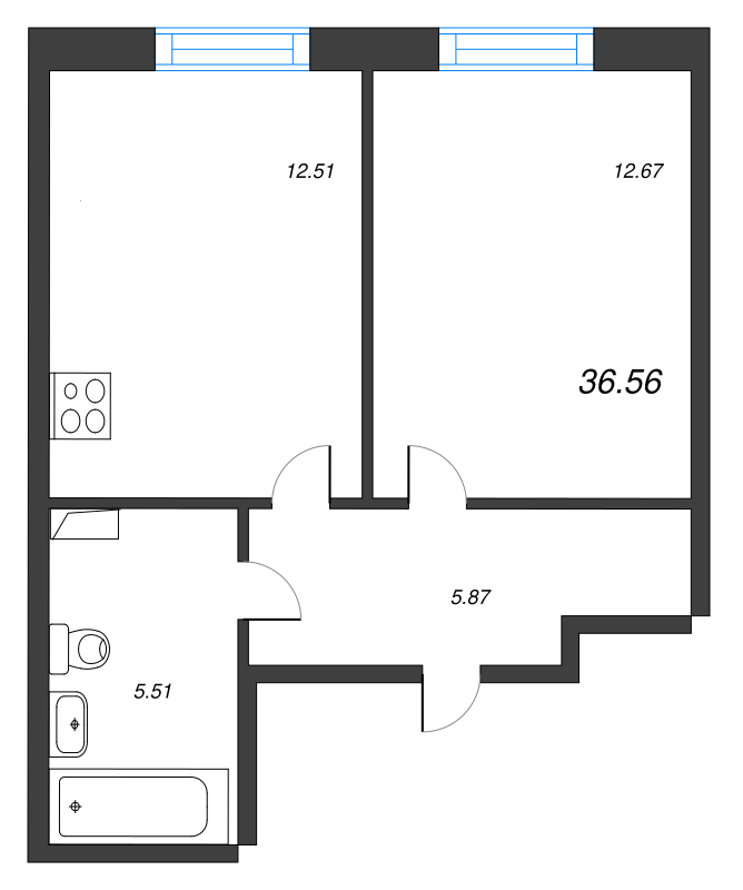1-комнатная квартира, 36.56 м² - планировка, фото №1