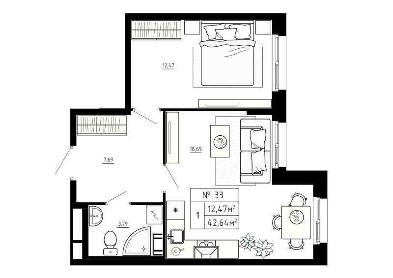 2-комнатная (Евро) квартира, 42.64 м² - планировка, фото №1
