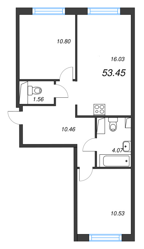 3-комнатная (Евро) квартира, 53.45 м² в ЖК "Кронунг Янино" - планировка, фото №1