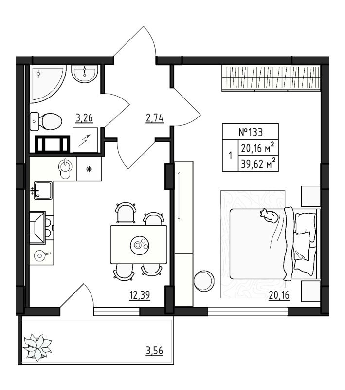 1-комнатная квартира, 39.62 м² в ЖК "Верево Сити" - планировка, фото №1